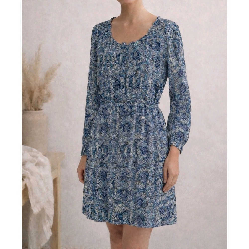Holding Horses Anthropologie Blue Boho Paisley Long Sleeve‎ Dress Flowy Feminine